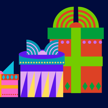 A graphic of three colourful wrapping presents.