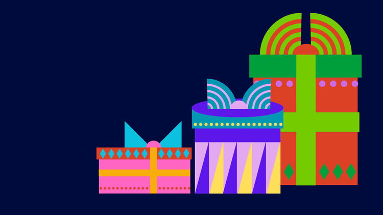 A graphic of three colourful wrapping presents.