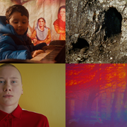 Four-panel collage: child playing piano before a mural, rocky cave openings, portrait of a bald person in red, and colourful abstract forest imagery.