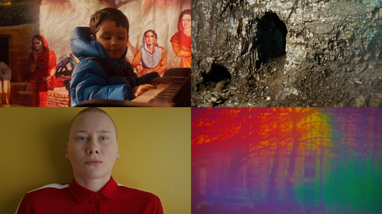 Four-panel collage: child playing piano before a mural, rocky cave openings, portrait of a bald person in red, and colourful abstract forest imagery.