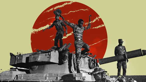 A collage image of three men standing on a tank.