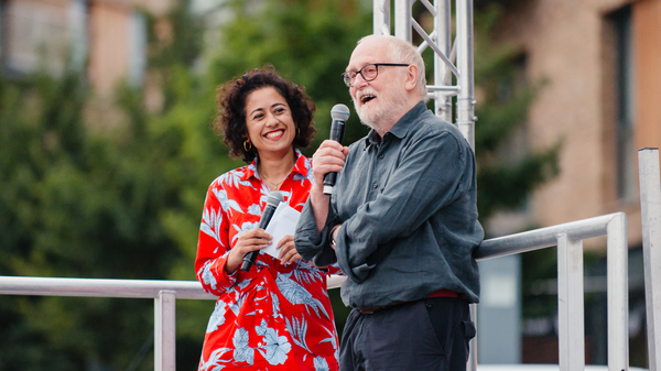 Mike Hodges and Samira Ahmed at Cinema Rediscovered 2018's outdoor screening of Flash Gordon. Photographer: Jack Offord