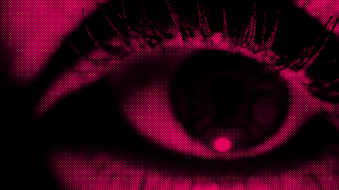Close up of a human eye and eyelashes stylised with a digitised appearance in duotone colours of red and black