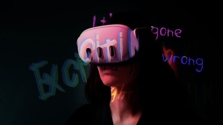 A white woman wears a VR headset, there are words laid over the top of her, excited, gone, and wrong.