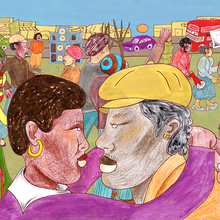 Illustration of two people closely facing each other in an embrace. A festival of people walk by behind them in the background.