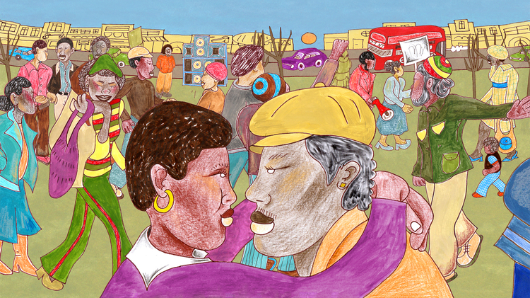 Illustration of two people closely facing each other in an embrace. A festival of people walk by behind them in the background.