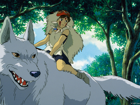 A girl in a fur coat rides a giant white wolf through a lush forest.