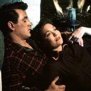 A still from the film All That Heaven Allows. A couple relaxes on a green couch, cosying up near a warm fire with a coffee pot beside them, creating an intimate atmosphere.