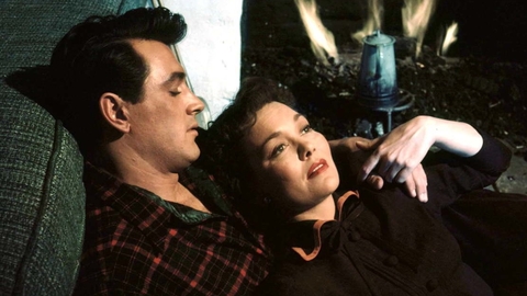A still from the film All That Heaven Allows. A couple relaxes on a green couch, cosying up near a warm fire with a coffee pot beside them, creating an intimate atmosphere.