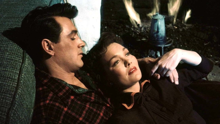 A still from the film All That Heaven Allows. A couple relaxes on a green couch, cosying up near a warm fire with a coffee pot beside them, creating an intimate atmosphere.