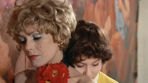 Two women embrace each other against a vibrant floral backdrop, showcasing distinct hairstyles and colorful attire.