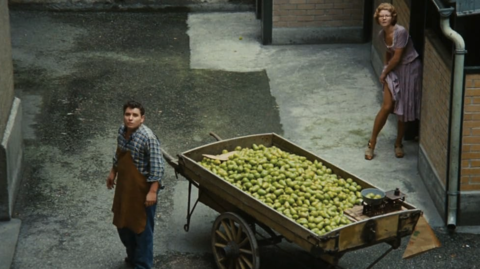 A man in a checkered shirt and apron stands beside a wooden cart filled with green pears in a narrow alley. A woman peeks from a doorway.