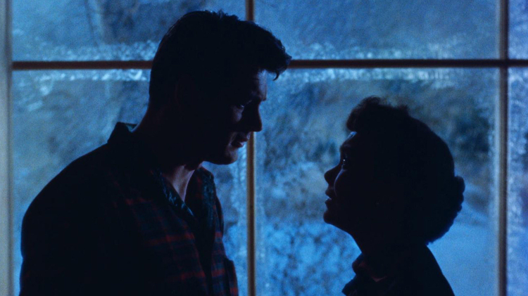 Silhouettes of a couple standing close together, framed by frosted windows, conveying a moment of intimacy in a cold, dimly lit setting.