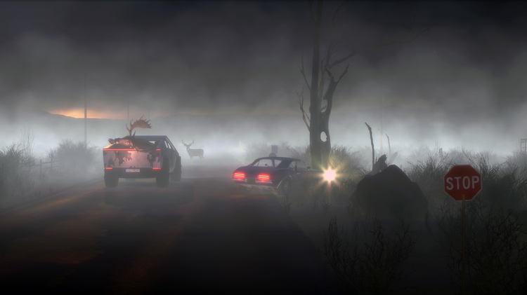 A dark, foggy, and misty night with a few cards and a stop sign.