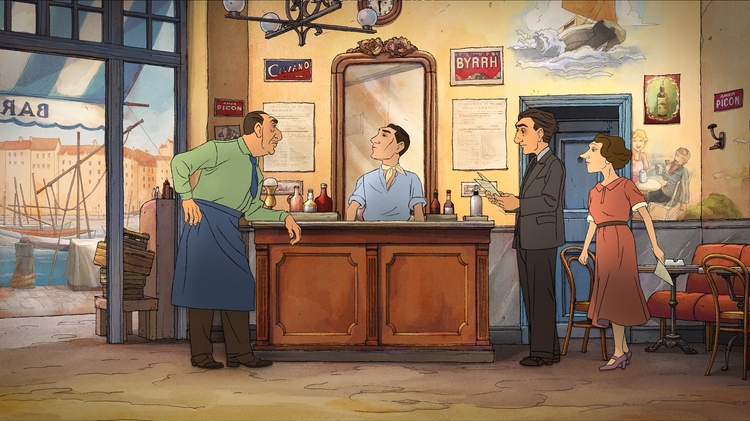 A cozy café scene featuring customers at the counter, a nautical view outside, and vintage signs, creating a warm ambiance.