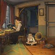 A cozy vintage room features a writer at a typewriter, a child sitting on the floor, a piano, and various musical and artistic items.