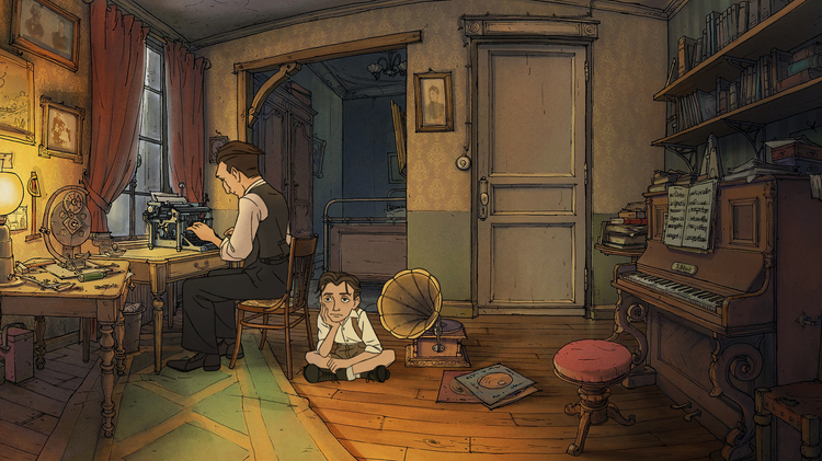 A cozy vintage room features a writer at a typewriter, a child sitting on the floor, a piano, and various musical and artistic items.