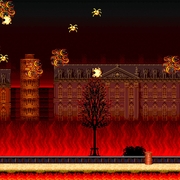 A screenshot from the game Black Room - the image depicts a woman in the bottom right hand corner, wearing a white shirt and long blue skirt, facing down a large street awash in intense colours reminiscent of burning and fire. A dark red pervades the image, creating a surreal and dreamlike atmosphere. 