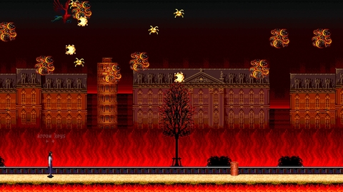 A screenshot from the game Black Room - the image depicts a woman in the bottom right hand corner, wearing a white shirt and long blue skirt, facing down a large street awash in intense colours reminiscent of burning and fire. A dark red pervades the image, creating a surreal and dreamlike atmosphere. 