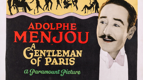 Vintage movie poster for "A Gentleman of Paris," featuring Adolphe Menjou's name prominently and artistic silhouettes of dancers and social scenes.