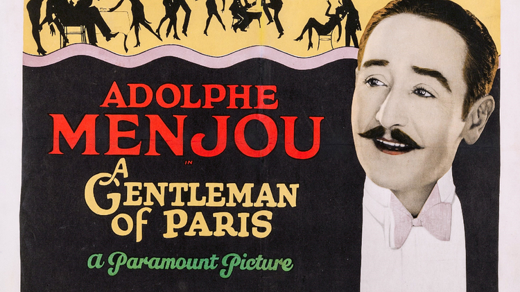 Vintage movie poster for "A Gentleman of Paris," featuring Adolphe Menjou's name prominently and artistic silhouettes of dancers and social scenes.