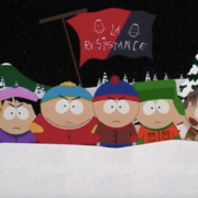 A group of children from South Park stands determined in the snow, holding a "La Résistance" flag amidst a winter landscape.
