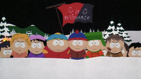 A group of children from South Park stands determined in the snow, holding a "La Résistance" flag amidst a winter landscape.