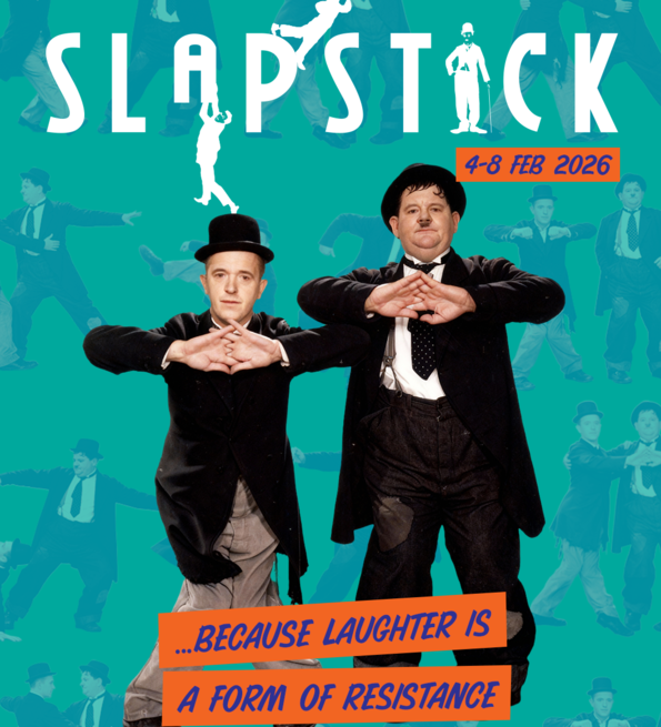 Two men in classic bowler hats and tuxedos perform a comedic pose against a vibrant teal backdrop, promoting a slapstick event.