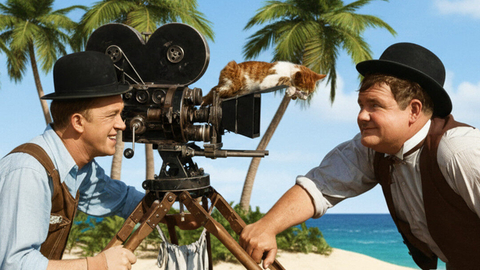 Laurel and Hardy pose with a vintage film camera on a tropical beach, surrounded by palm trees under a clear blue sky.