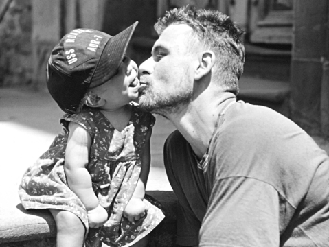 Andrew Kötting and his daughter Eden in the 1990s.