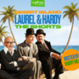 Promotional image for "Desert Island: Laurel & Hardy - The Shorts", featuring iconic characters on a picturesque beach. Hosted by Harry Hill.