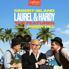 A tropical beach scene with palm trees, featuring two men in vintage attire and a woman holding a film clapboard.