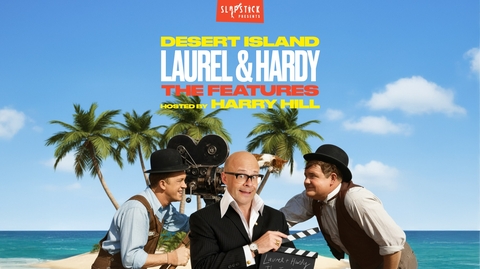 A tropical beach scene with palm trees, featuring two men in vintage attire and a woman holding a film clapboard.