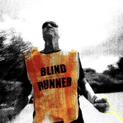 A fisheye camera angle points back at Phil, a blind runner. He wears a bright orange hi-vis tabbard with ‘blind runner’ in large capitals, dark wrap-around sunglasses and clutches a luminous yellow tether that connects him to his guide runner. The whole image is treated with a high-contrast, punk-inspired photocopy texture in black and white, with the accent colours roughly scribbled on top with a highlighter marker.