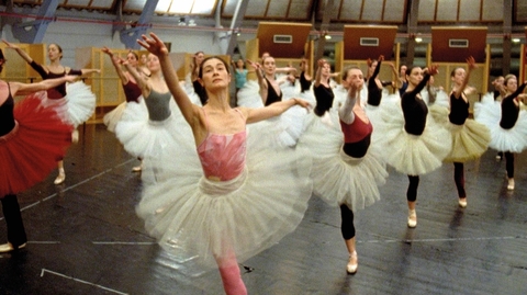 A group of ballet dancers in tutus practicing in a dance studio, showcasing various positions and graceful movements.