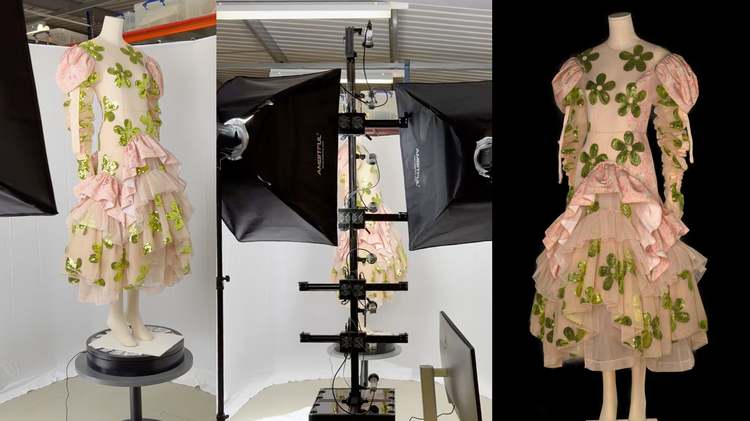An image in three parts - in the left image, a mannequin with a dress on, stood on a pedestal; the dress is a sheer adjacent material, is shell pink in colour, and has green flowers dotted all over it. In the middle, the mannequin sits at the centre of a photography studio, with digital photography equipment surrounding it, to capture a render, shown in the image on the far right. 