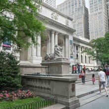 Visitors walk past the New York Public Library, featuring a lion statue and lush greenery amid towering skyscrapers.