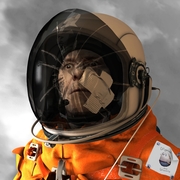 An image of Andrew Kötting rendered in a 3d art style; he is portrayed as an astronaut, clad in orange, with only the right side of his face visible through the cracked helmet. He has a bewildered expression on his face. 
