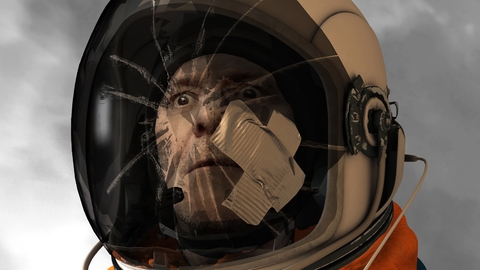An image of Andrew Kötting rendered in a 3d art style; he is portrayed as an astronaut, clad in orange, with only the right side of his face visible through the cracked helmet. He has a bewildered expression on his face. 