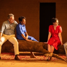 Four individuals are seated on a large branch in a warm, rustic setting, dressed in colorful clothing, engaged in conversation.