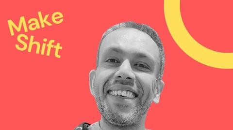 Tony is a smiling man in a black hoodie on a red background with the words "Make Shift" in yellow at the top left, conveying a cheerful tone.