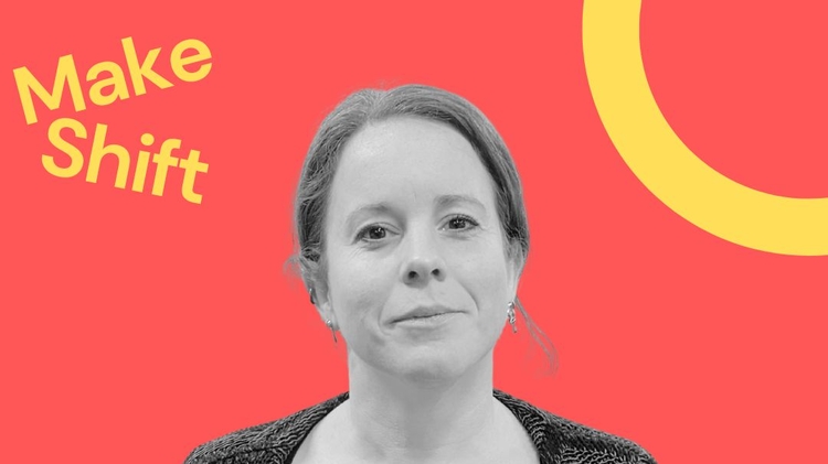 Bella is a white woman in a black outfit with a confident expression against a red background with "Make Shift" text and a partial yellow circle design.