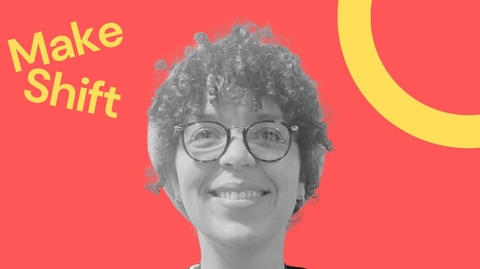 Jaz is a Smiling person with curly hair and glasses in grayscale, wearing a sweater with a large apple design and a lanyard. Bold red background with "Make Shift" text.