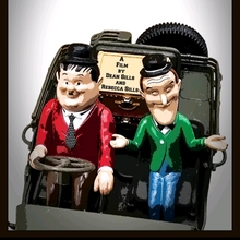 A vintage-style poster featuring two cartoon figures resembling iconic comedians, seated in a car with a film title displayed above.