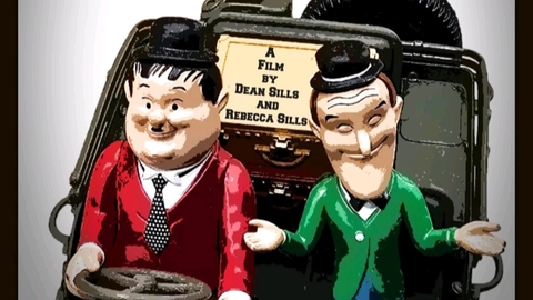 A vintage-style poster featuring two cartoon figures resembling iconic comedians, seated in a car with a film title displayed above.