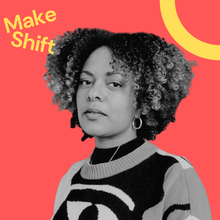 Kat is a Black mixed race woman with curly hair and a soft expression, wearing a patterned sweater. Set against a red background with yellow text "Make Shift" and a partial yellow circle.