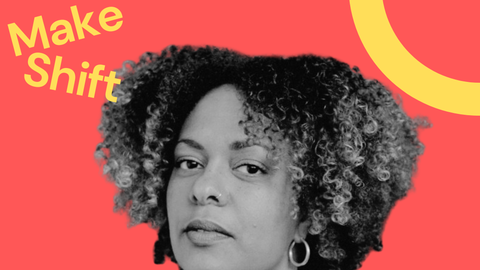 Kat is a Black mixed race woman with curly hair and a soft expression, wearing a patterned sweater. Set against a red background with yellow text "Make Shift" and a partial yellow circle.