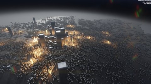 A digital render of the video work WrongMove. The image depicts a render of the city of London, with illuminated areas indicating places that are wheelchair accessible. 