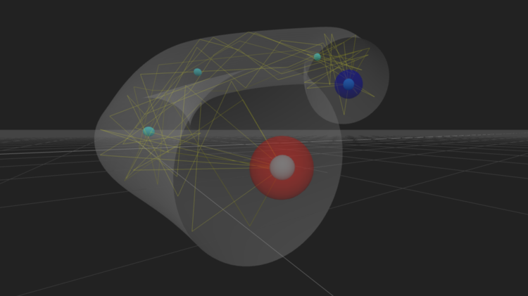 A screenshot of audio production software used to make animal sounds from programmed or recorded sources. Two large dots, one red and one blue, connect a network of smaller dots via straight yellow lines, forming an amorphous shape in the centre of the image. 