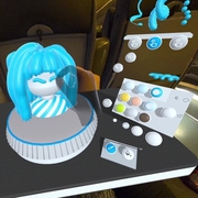 A screenshot from Taru Muhonen's app, Spira - the image depicts a digital render of the app in use; in the centre of the shot, a transparent hand, controlled by the user, fixes a bust with a white face and blue hair. To the right of the bust is a white controller with multi coloured buttons. The bust and controller sits on a black tabletop. 
